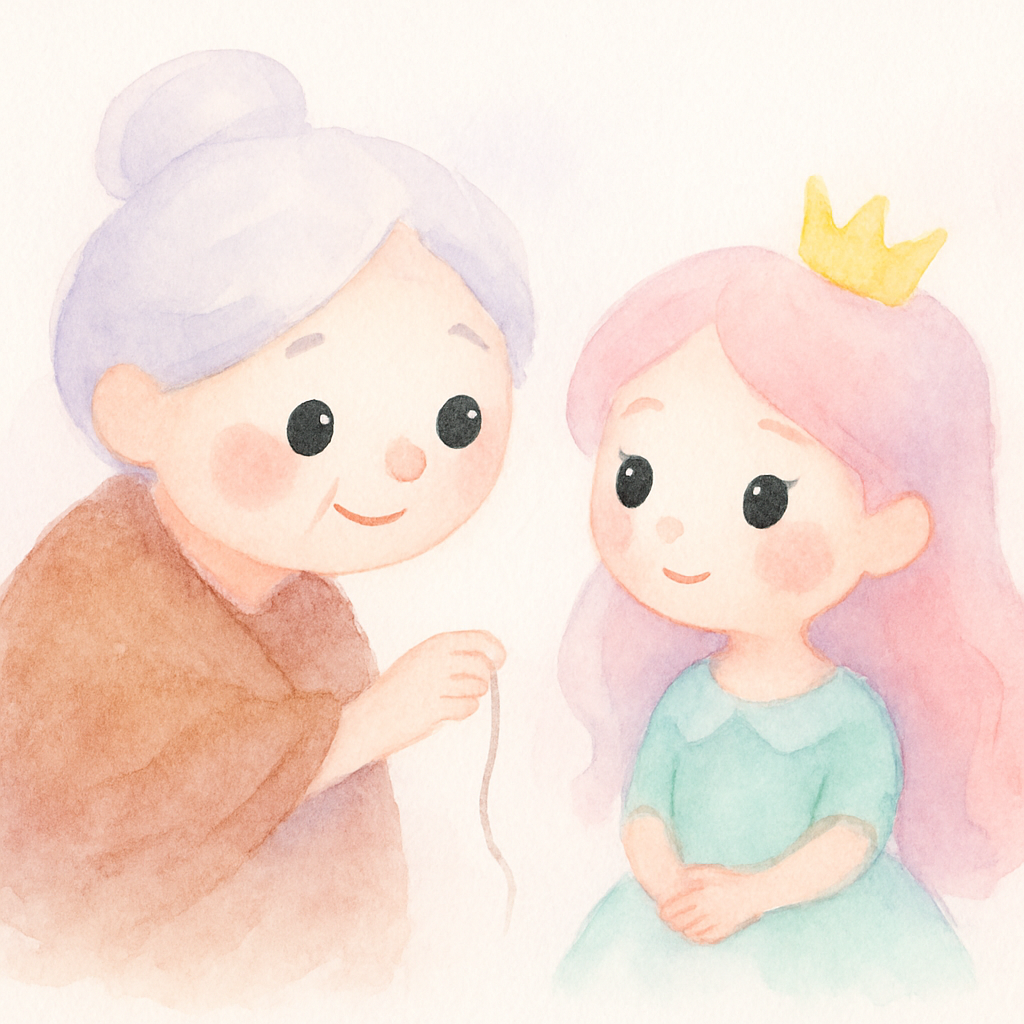 착한 할머니가 공주에게 마법을 푸는 방법을 알려주는 장면